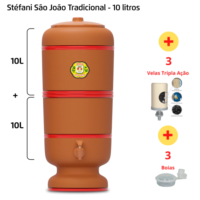 Filtro São João - 10 litros - 3 velas + 3 velas Tripla Ação